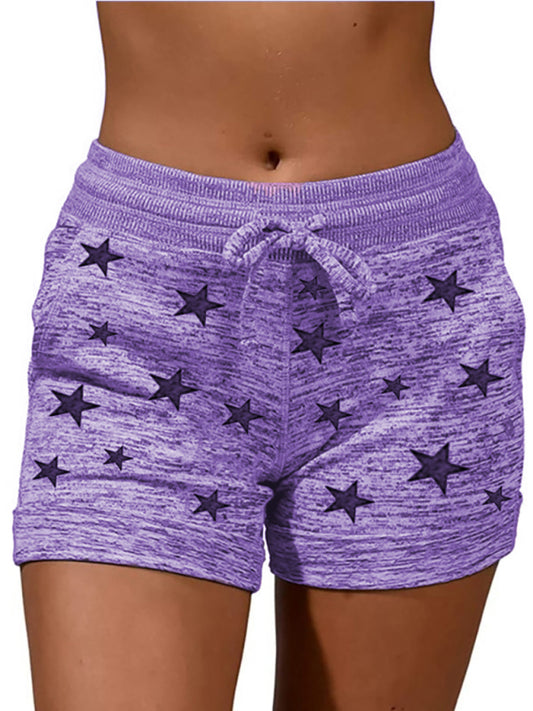 Shorts- Cotton Blend Shorts with Adjustable Waist - Loungewear Stars Print Boyshorts- Purple- Chuzko Women Clothing
