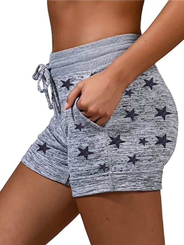 Shorts- Cotton Blend Shorts with Adjustable Waist - Loungewear Stars Print Boyshorts- - Chuzko Women Clothing