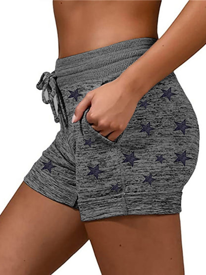 Shorts- Cotton Blend Shorts with Adjustable Waist - Loungewear Stars Print Boyshorts- - Chuzko Women Clothing