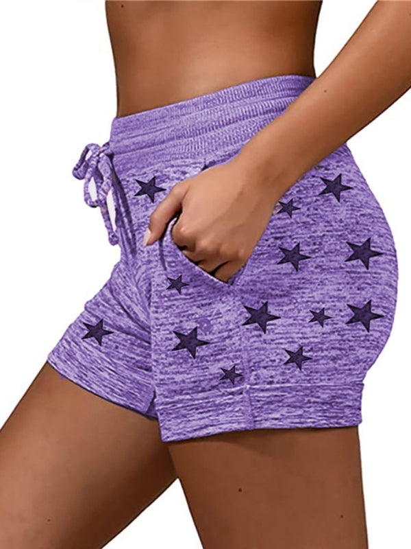 Shorts- Cotton Blend Shorts with Adjustable Waist - Loungewear Stars Print Boyshorts- - Chuzko Women Clothing