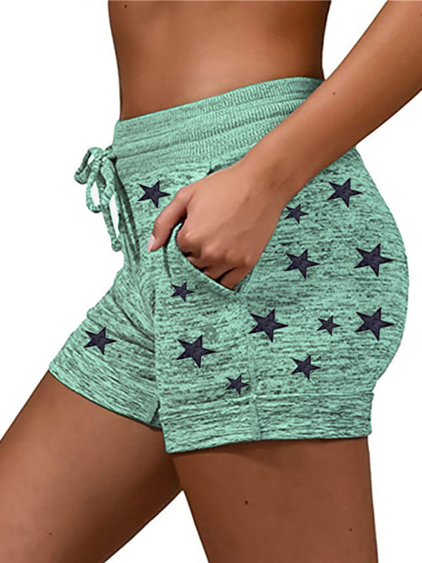 Shorts- Cotton Blend Shorts with Adjustable Waist - Loungewear Stars Print Boyshorts- - Chuzko Women Clothing