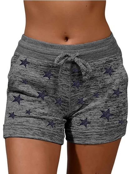 Shorts- Cotton Blend Shorts with Adjustable Waist - Loungewear Stars Print Boyshorts- Charcoal grey- Chuzko Women Clothing