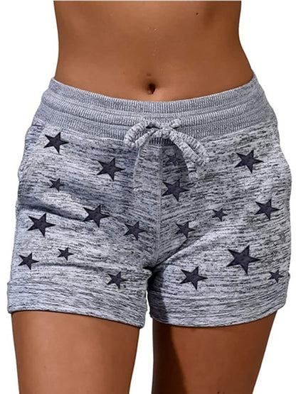 Shorts- Cotton Blend Shorts with Adjustable Waist - Loungewear Stars Print Boyshorts- Misty grey- Chuzko Women Clothing