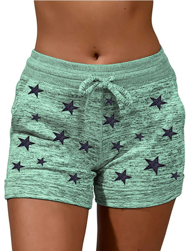 Shorts- Cotton Blend Shorts with Adjustable Waist - Loungewear Stars Print Boyshorts- Green- Chuzko Women Clothing