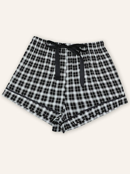 Shorts- Plaid Women's Comfy Loungewear Shorts with Adjustable Waist - Boyshorts- Black- Chuzko Women Clothing