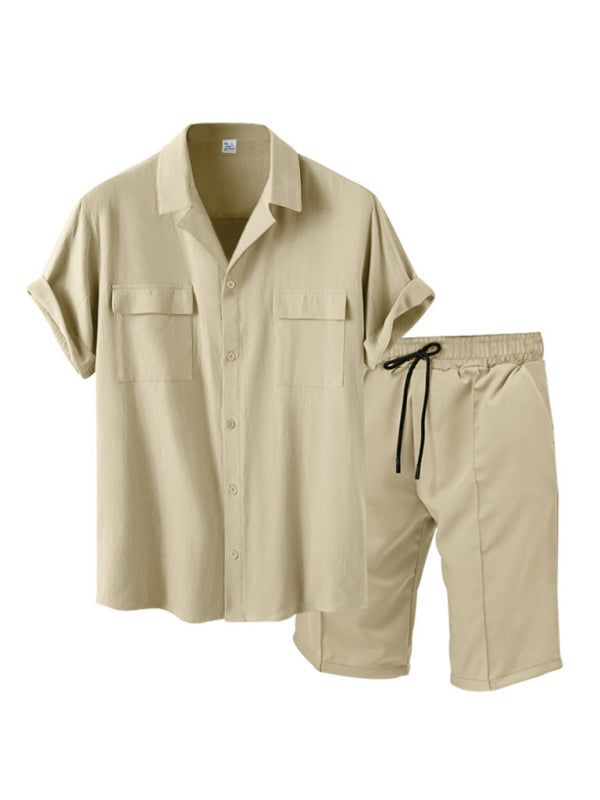 Smart Casual Men’s 2-Piece Set with Button-Up Shirt & Pocketed Shorts