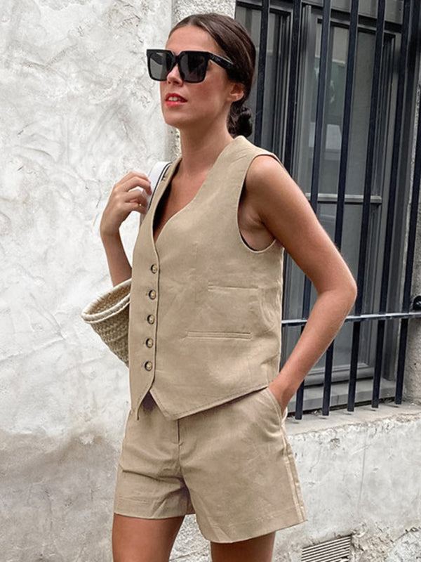 Shorts Set- Summer Cotton 2-Piece Suit with Shorts & Vest- - Chuzko Women Clothing