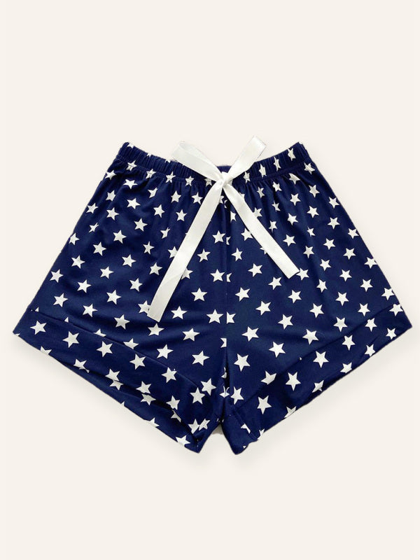Shorts- Stars Print Boyshorts - Lounge Shorts with Adjustable Waist- Purplish blue navy- Chuzko Women Clothing