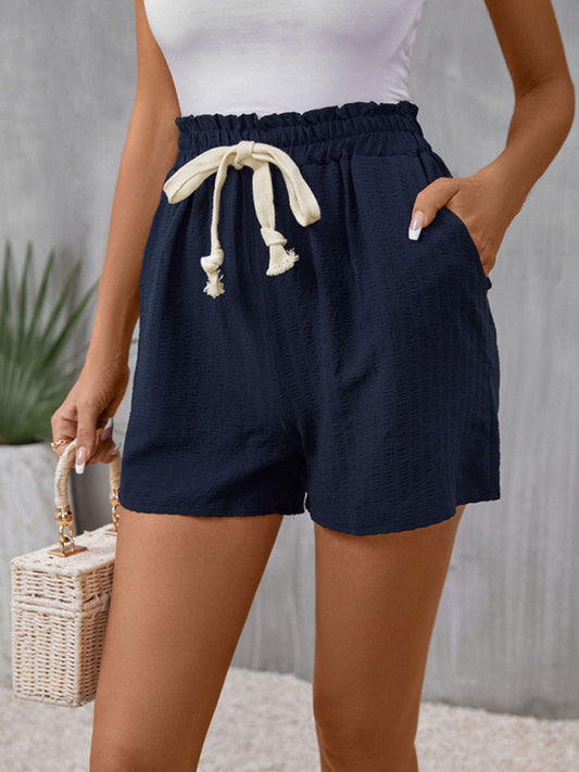 Shorts- Women's Solid Paperbag Shorts with Handy Pockets- Champlain color- Chuzko Women Clothing