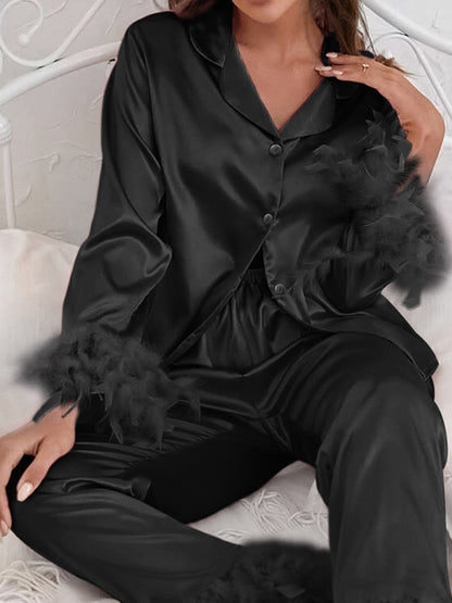 Satin Feather-Trimmed Nightwear | Long Sleeves Button-Up Shirt & Pants