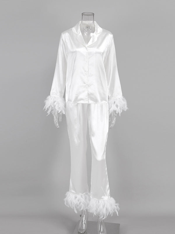 Satin Feather-Trimmed Nightwear | Long Sleeves Button-Up Shirt & Pants