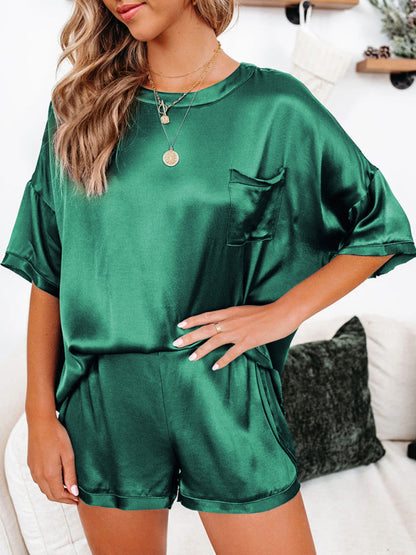 Sleepwear- Silk PJs 2 Piece Oversized Satin Sleepwear with Short Sleeve Top & Shorts- Chuzko Women Clothing