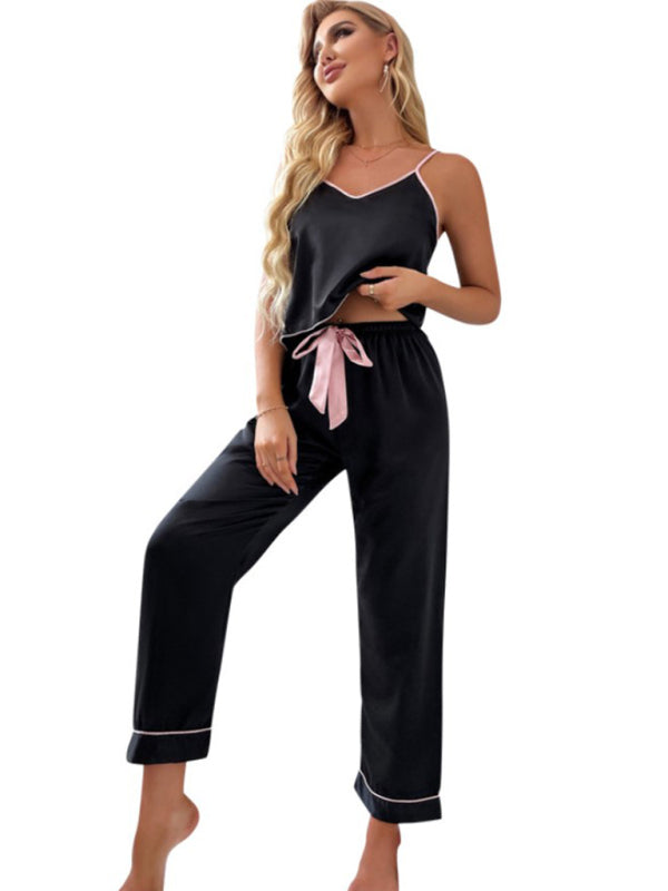 Sleepwear- Silky 2-Piece Satin Pajama Set - Contrast Binding Cami and Pants- Chuzko Women Clothing