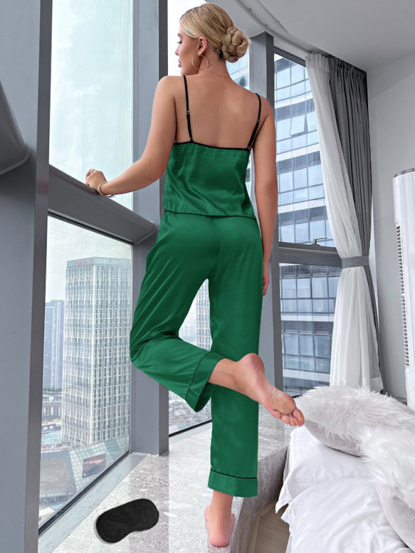 Sleepwear- Silky 2-Piece Satin Pajama Set - Contrast Binding Cami and Pants- Chuzko Women Clothing