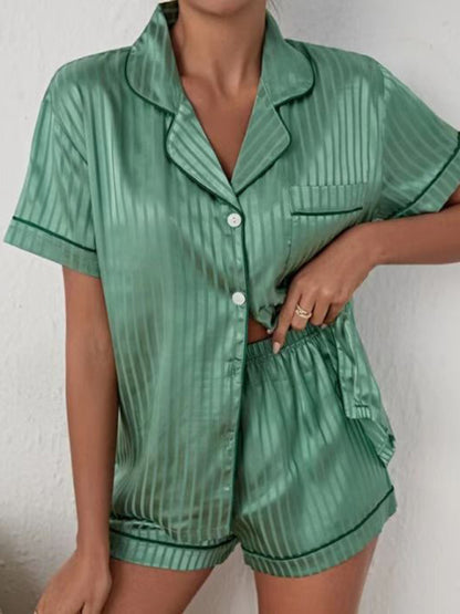 Sleepwear- Striped Satin Pajamas 2-Piece Silk Shirt & Shorts- Chuzko Women Clothing