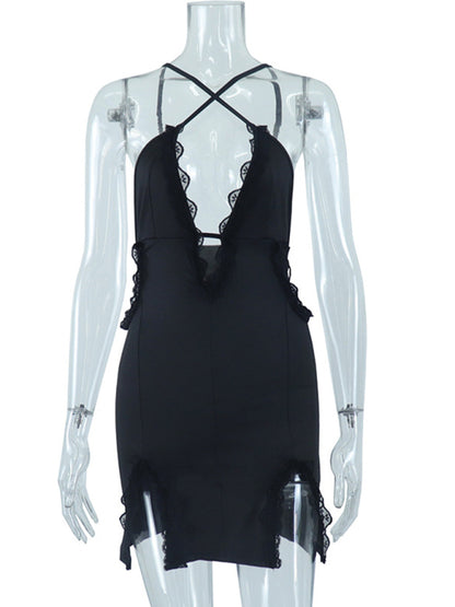 Slip Dresses- Satin Slits Plunge Backless Slip Mini Dress with Lace Accents- - Chuzko Women Clothing