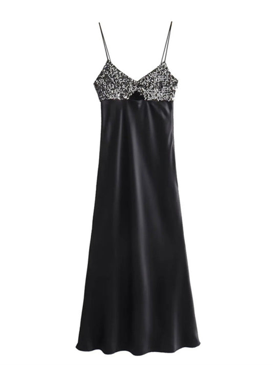 Slip Dresses- Sparkle Cami Satin Slip Dress- Chuzko Women Clothing