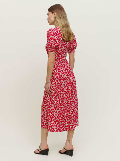 Florals Sweetheart Midi Dress with Puff Sleeves & Thigh Slit