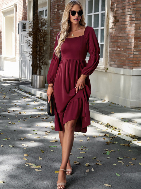 Solid Dresses- Solid Square Neck A-Line Midi Dress with Smocked Back- Chuzko Women Clothing