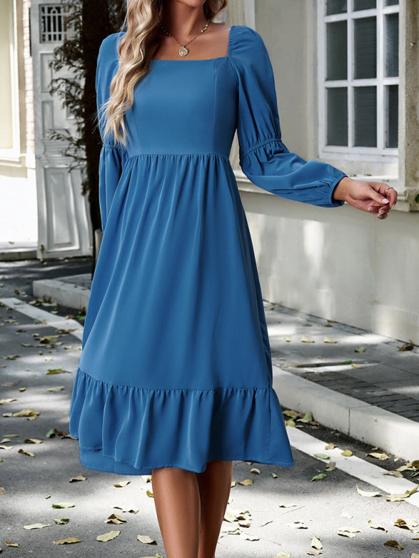 Solid Dresses- Solid Square Neck A-Line Midi Dress with Smocked Back- Chuzko Women Clothing
