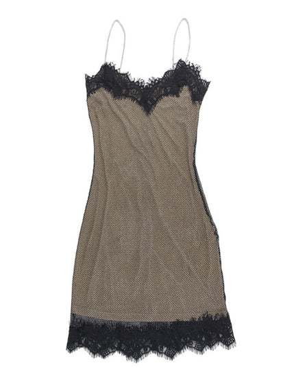 Sparkle Dresses- Contrast Lace Bodycon Sweetheart Cami Mesh Overlay Mini Dress- Chuzko Women Clothing