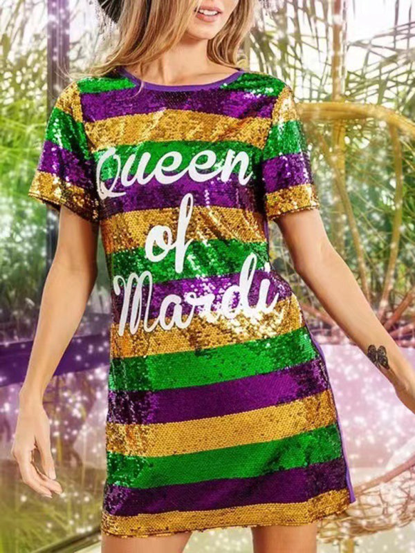 Sparkling Sequined Mardi Gras Tunic Tee Dress with Short Sleeves