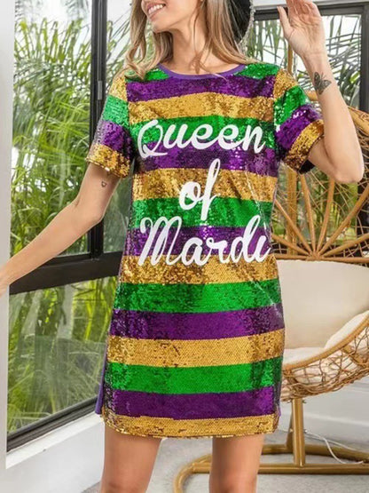 Funkelndes, mit Pailletten besetztes Mardi Gras-Tunika-T-Shirt-Kleid mit kurzen Ärmeln