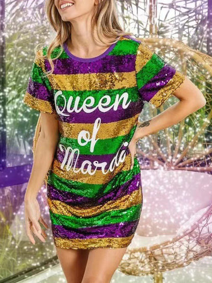 Sparkling Sequined Mardi Gras Tunic Tee Dress with Short Sleeves