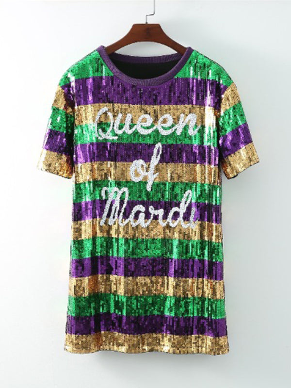 Sparkling Sequined Mardi Gras Tunic Tee Dress with Short Sleeves