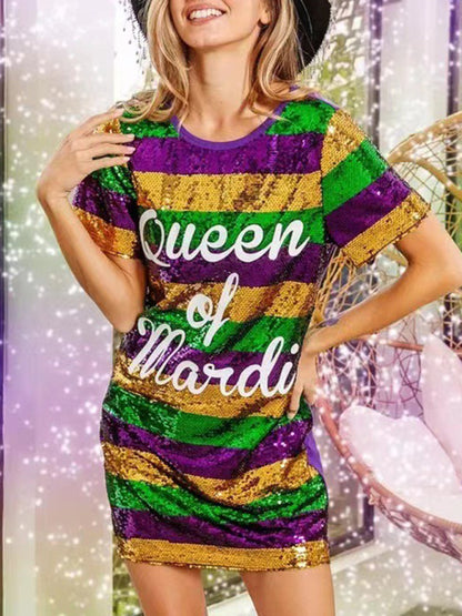 Sparkling Sequined Mardi Gras Tunic Tee Dress with Short Sleeves