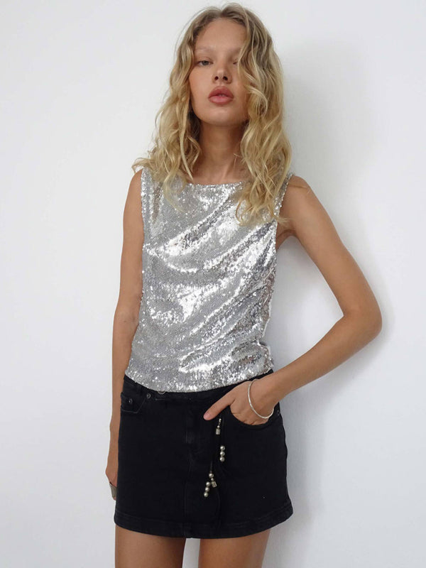 Sparkle Tank Tops- Sparkling Sequined Tank Top- Chuzko Women Clothing