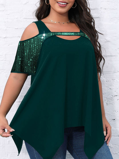 Sparkly Tops- Sparkly Sequined Shoulder Cutout Tunic- Chuzko Women Clothing