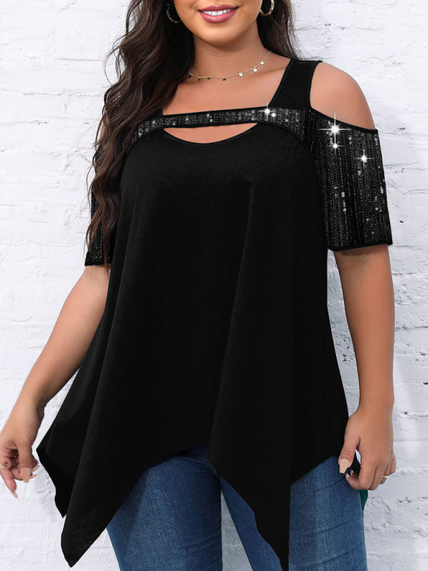 Sparkly Tops- Sparkly Sequined Shoulder Cutout Tunic- Chuzko Women Clothing