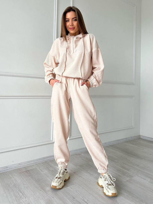Sport Outfit- Ribbed Oversized 2-Piece Sport Outfit - Hooded Sweatshirt and Sweatpants- Chuzko Women Clothing