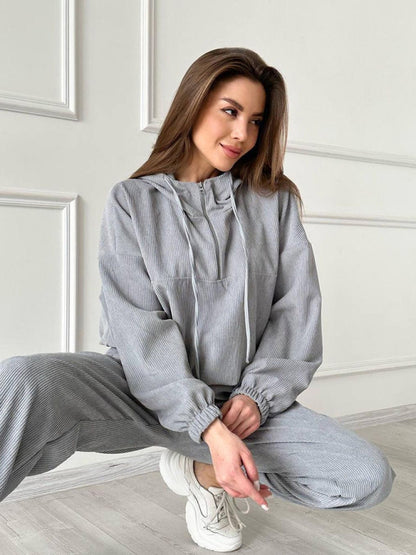 Sport Outfit- Ribbed Oversized 2-Piece Sport Outfit - Hooded Sweatshirt and Sweatpants- Chuzko Women Clothing