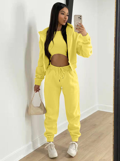 Sport Outfit- Sporty 3-Piece Set - Hooded Sweatshirt, Sweatpants, and Tank Top- Chuzko Women Clothing