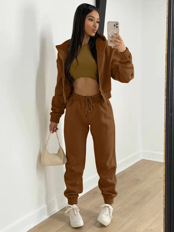 Sport Outfit- Sporty 3-Piece Set - Hooded Sweatshirt, Sweatpants, and Tank Top- Chuzko Women Clothing