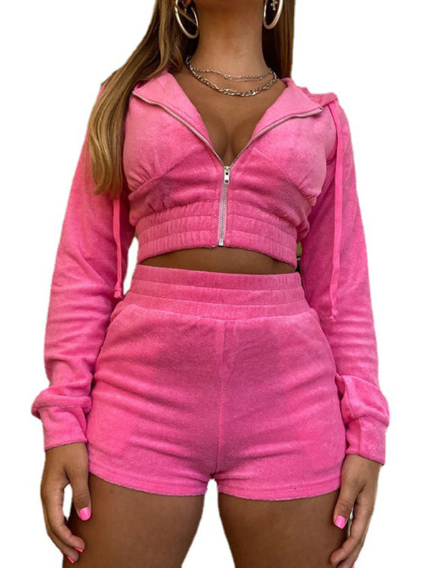 Sport Outfits- Sport 2-Piece Hooded Zip-Up Crop Sweatshirt with Matching Shorts- Chuzko Women Clothing