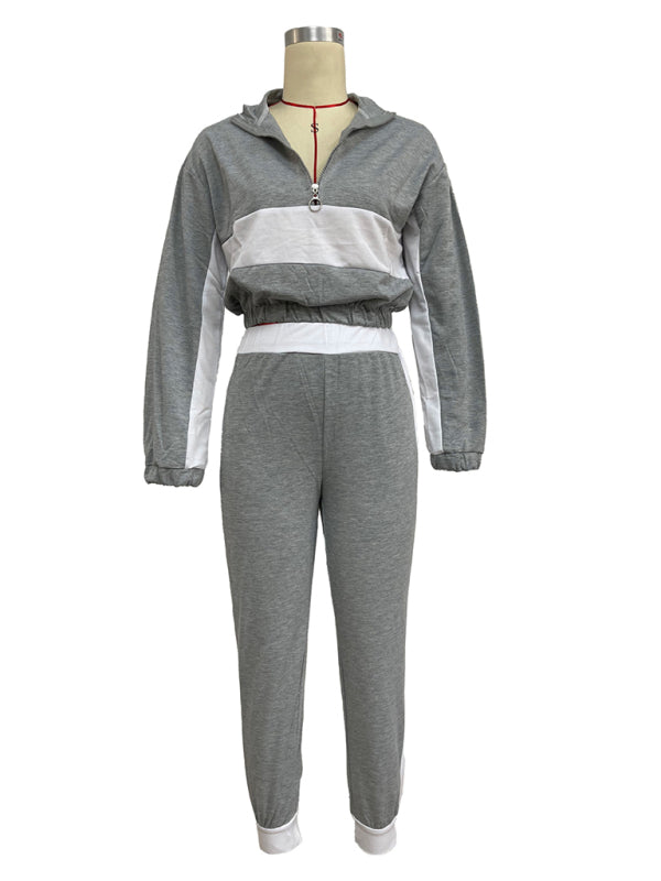 Sport Outfits- Sporty Colorblock Crop Zip-Up Sweatshirt and Pencil Sweatpants- Chuzko Women Clothing