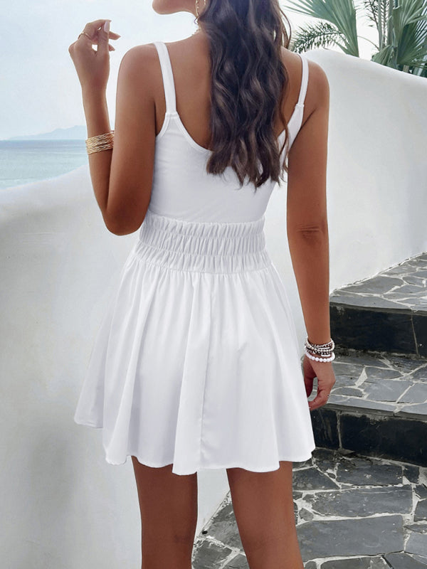 Sporty Dresses- Athletic Smocked Waist Cami Sport Dress for Summer Adventures- - Chuzko Women Clothing