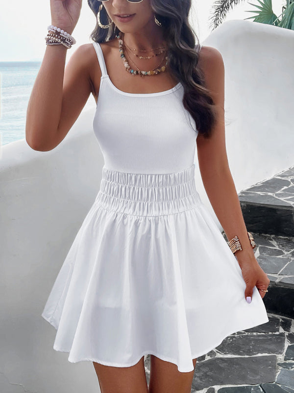 Sporty Dresses- Athletic Smocked Waist Cami Sport Dress for Summer Adventures- - Chuzko Women Clothing