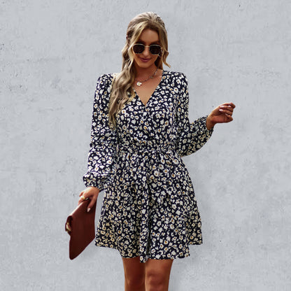 Spring Dresses- Blossom Belt-Tie Long Sleeve Floral A-Line Dress- Chuzko Women Clothing