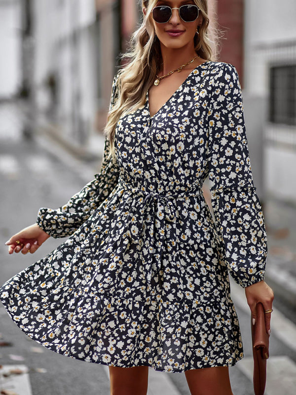 Spring Dresses- Blossom Belt-Tie Long Sleeve Floral A-Line Dress- Chuzko Women Clothing