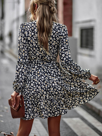 Spring Dresses- Blossom Belt-Tie Long Sleeve Floral A-Line Dress- Chuzko Women Clothing