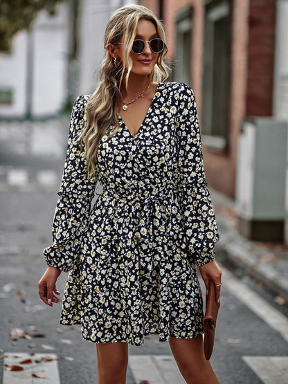 Spring Dresses- Blossom Belt-Tie Long Sleeve Floral A-Line Dress- Chuzko Women Clothing