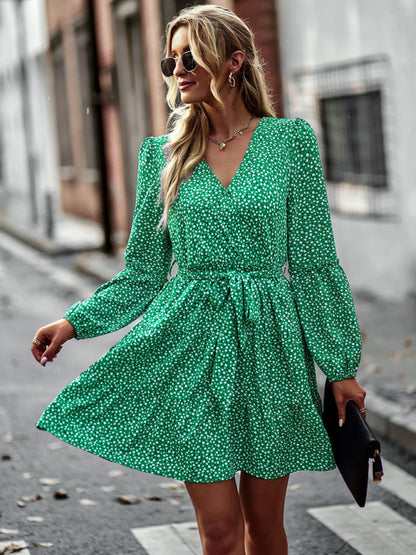 Spring Dresses- Blossom Belt-Tie Long Sleeve Floral A-Line Dress- Chuzko Women Clothing