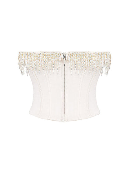 Strapless Tops- Elegant Satin Corset Strapless Tight Top with Pearls Fringe- Chuzko Women Clothing