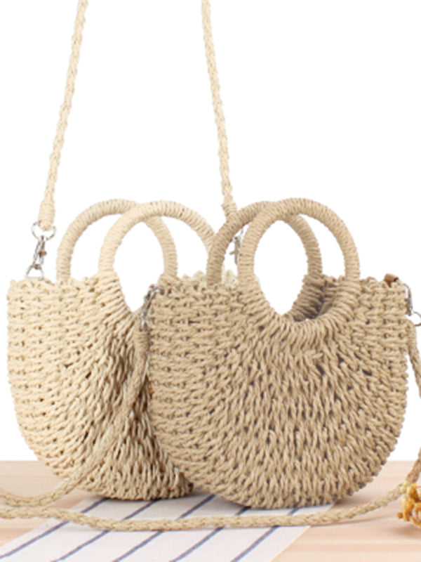 Half round straw woven bag beach hand woven bag holiday women's bagBraided Round Straw Shoulder Bag