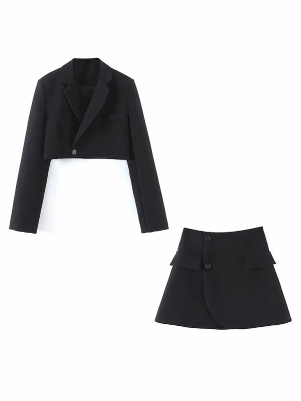Suits- 2-Piece Summer Business Suit with Crop Blazer & Wrap Midi Skirt- Black- Chuzko Women Clothing