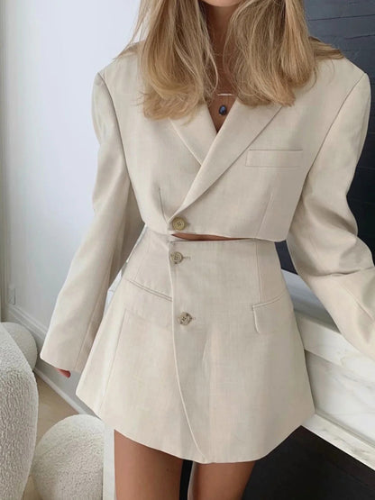 Suits- 2-Piece Summer Business Suit with Crop Blazer & Wrap Midi Skirt- White- Chuzko Women Clothing